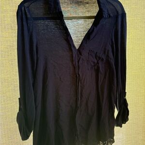 Pleione Black Sheer Button-Down Blouse